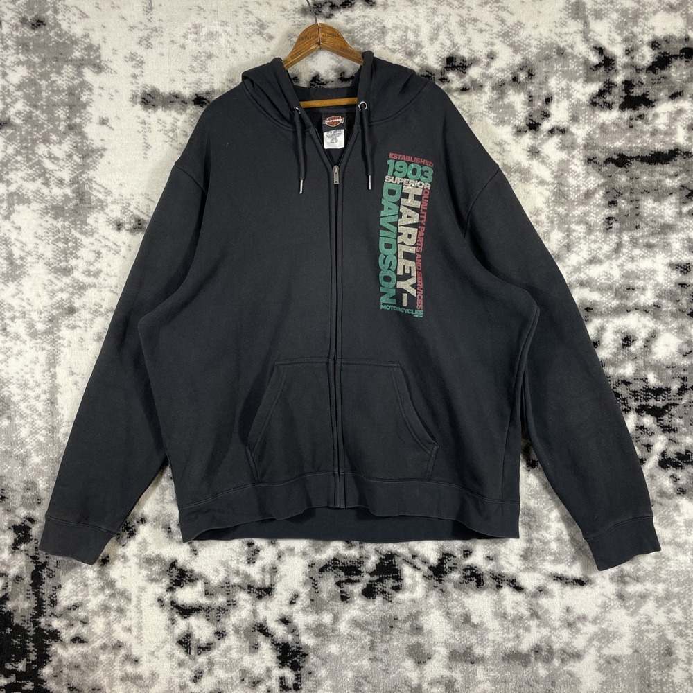 Harley Davidson Hoodie Mens Size 2XL Black Full Zip Graphic‎ Chest Print Casual